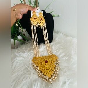 Indian Gold and Pearl Necklace Set with Red Accents